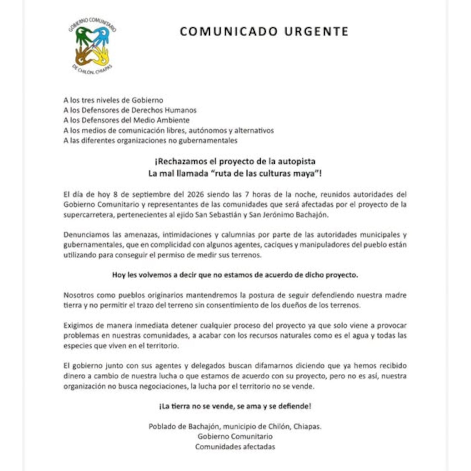 Comunicado urgente del Gobierno Comunitario y Comunidades Organizadas.